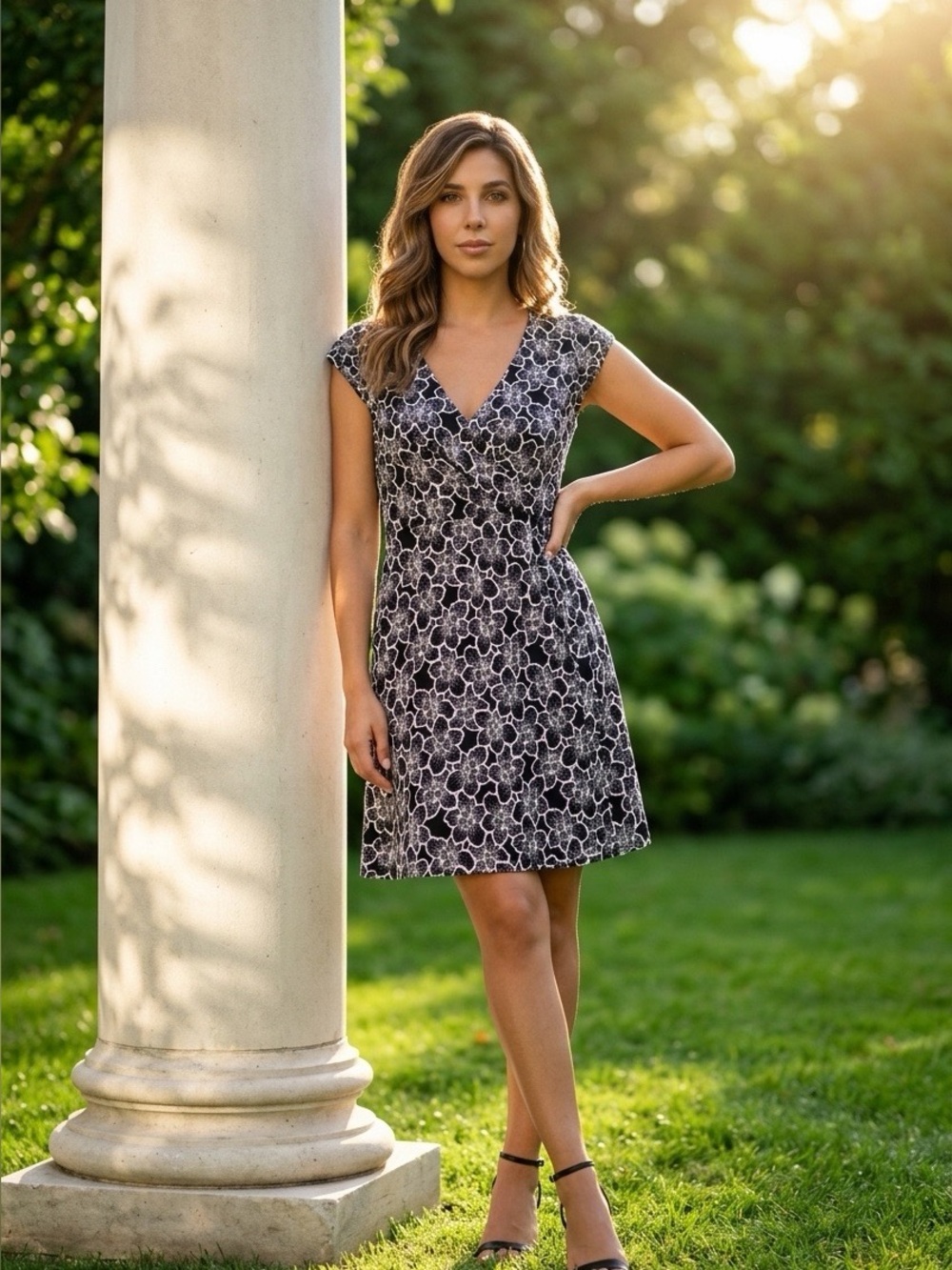 LOFT‎ Black and White Floral V-Neck Midi Dress size 8
